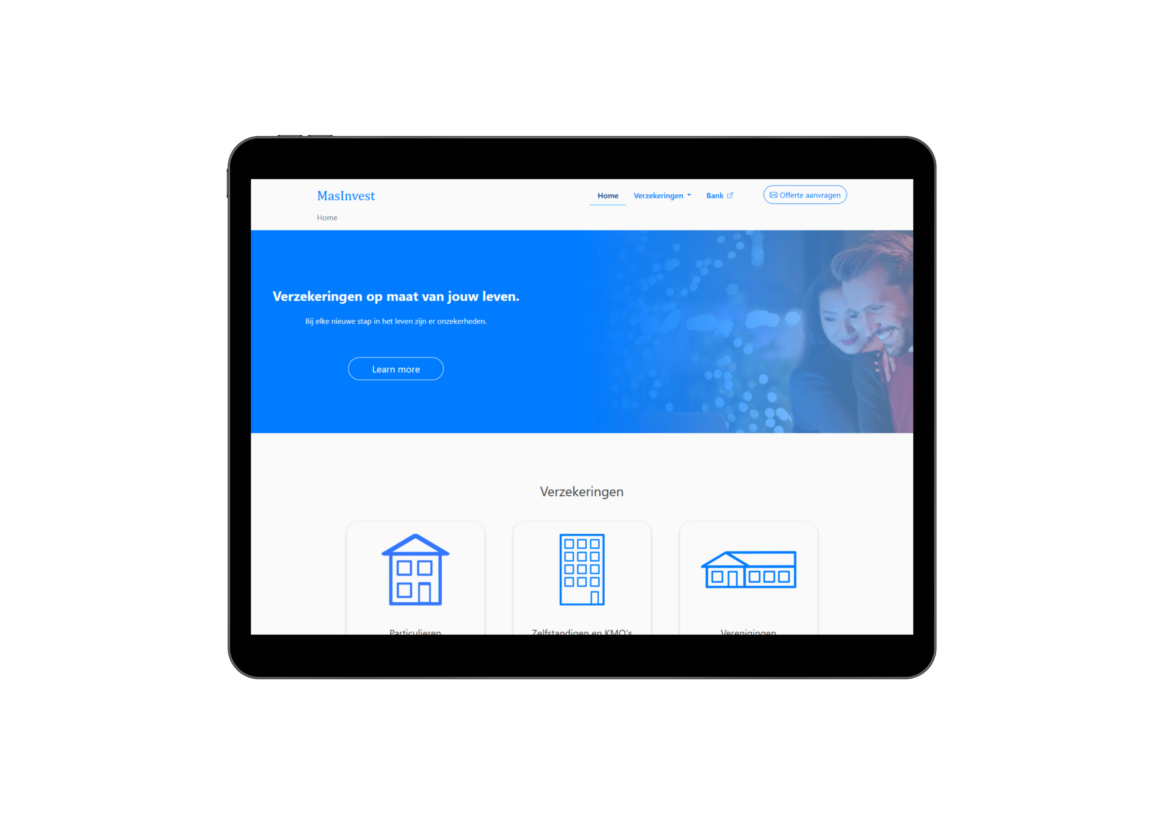 Tablet version of the Mas Invest project homepage